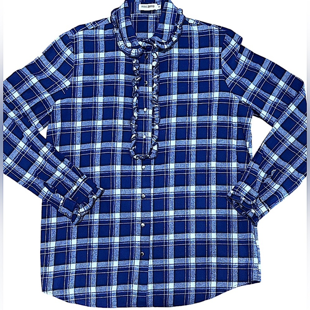 ROSEanna blue plaid button down / tuxedo style ruffle size 38 / NWOT